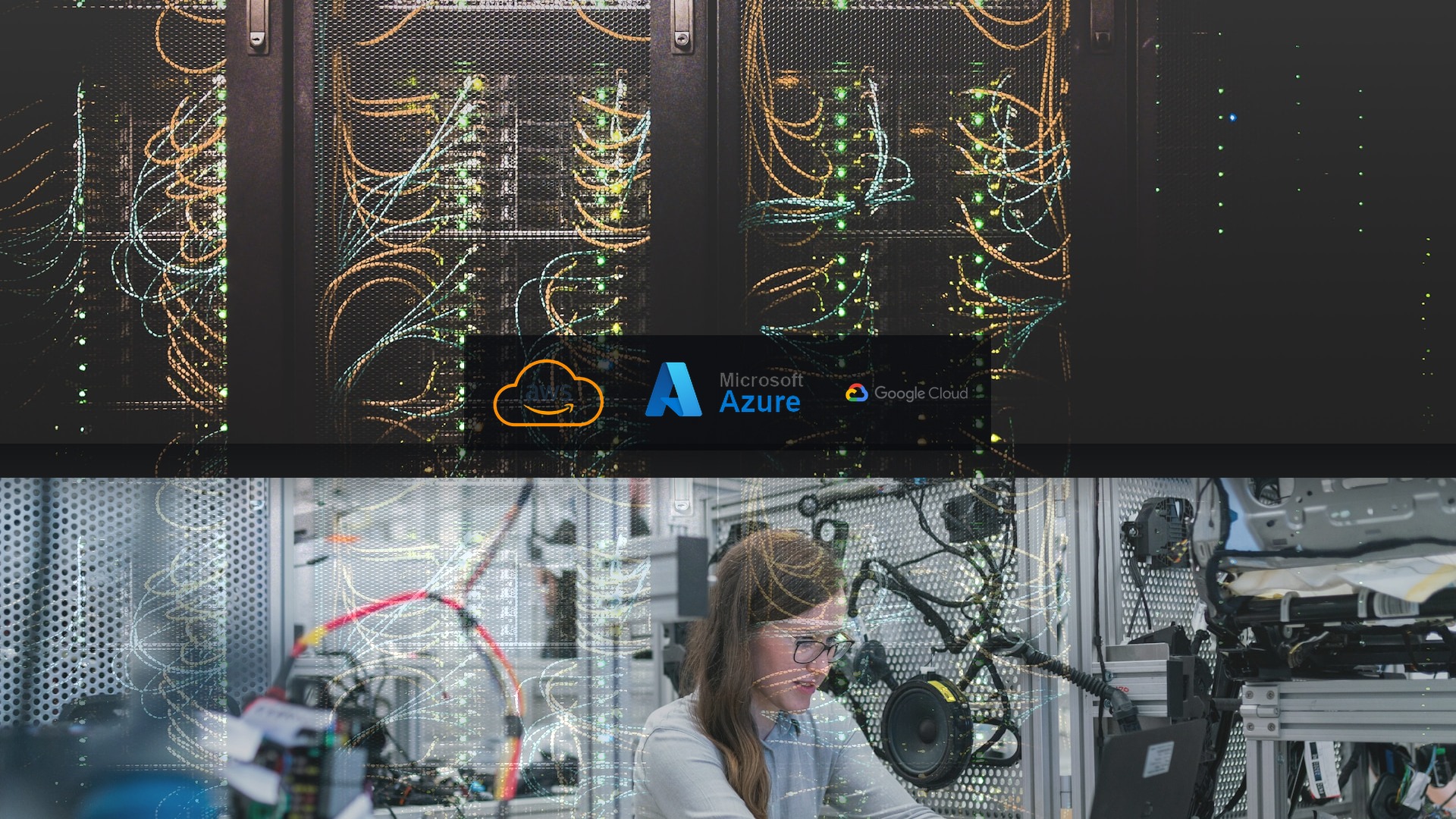 AWS, Microsoft Azure e Google Cloud com equipe em ambiente de data center